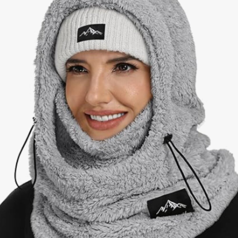 Mountain Logo Grey Plush Face Mask Hood - Women’s Winter Face Covering